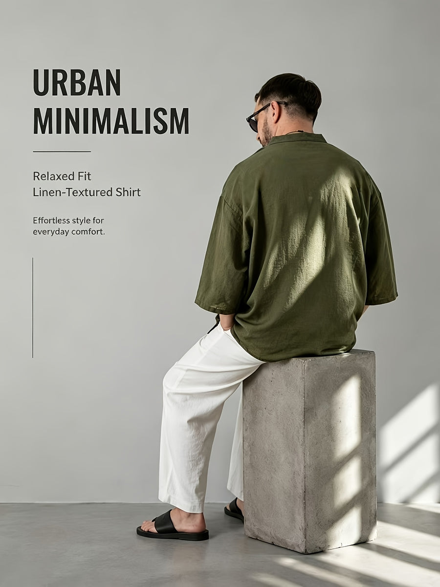 Men's Casual Shirt, New Linen V-Neck Casual Shirt for Daily Wear, Three-Quarter Sleeve Design, Suitable as a Gift! - Olive Green