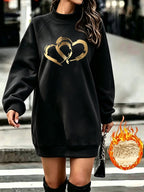 Light Luxury Golden Overlapping Heart Print Half-Turtleneck Long -Lined Sweatshirt for Women, Loose Fit Casual Sweatshirt Dress - Black