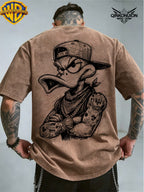 Warner Exclusive Licensing, Printed Design Men'S Summer Loose Round-Neck Commuter Short Sleeve T-Shirt, Suitable for Summer Wear, Ideal for Outdoor Activities, Fitness, Parties, Holidays, Office Wear, And Daily Outfits, Casual Washed T-Shirt - Coffee Brown