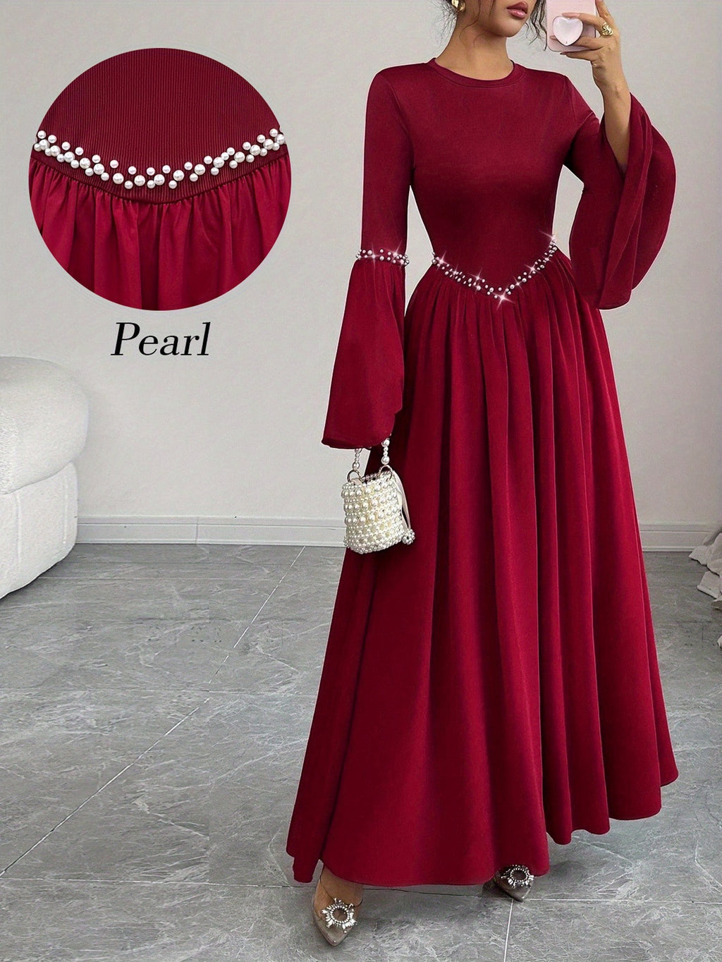 Women'S Elegant Long Sleeve Flared Waist-Cinching A-Line Dress with Pearl Round Neck - Burgundy