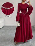 Women'S Elegant Long Sleeve Flared Waist-Cinching A-Line Dress with Pearl Round Neck - Burgundy