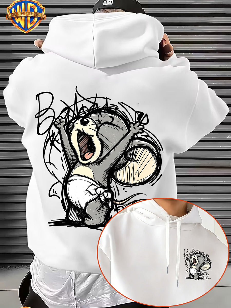 Licensed by Warner Bros., Sketch Style Cute Young Animals, Exuberant Cheering Expression with Casual Graffiti Art Letter Trendy Cool Print Men'S Fashion Hooded Sweatshirt, Sleeve Print Design, Kangaroo Pouch, Drawstring Hood - White