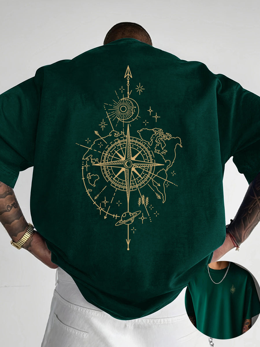 Creative Front and Back Print Round Neck T-Shirt, Pure Cotton Summer Fashion Short Sleeve Top for Casual Daily Style Essential Outing Gift Choice - Dark Green