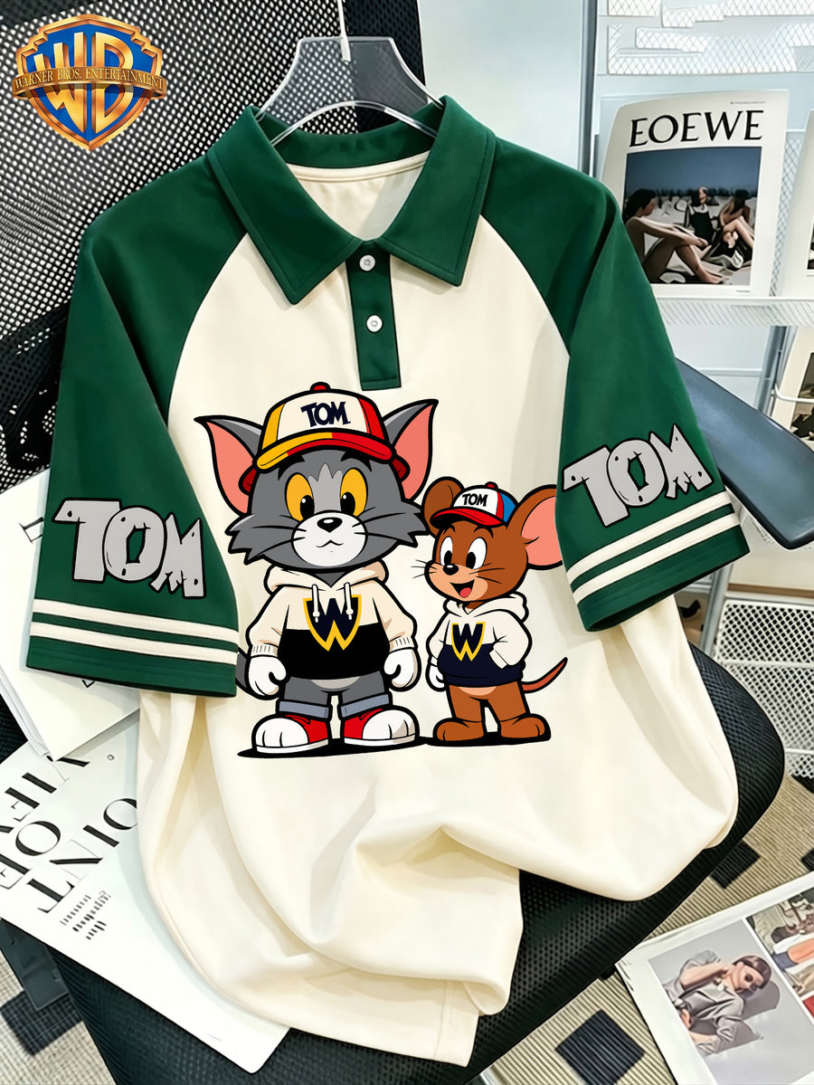 Back-to-School Warner Bros. Official Classic Character Baseball Cap Cartoon Vintage Colorblock Polo Shirt, Fashionable Printed Design Short Sleeve, Men's Multi-functional Casual Breathable Short Sleeve Top, Suitable for Daily Outings and Sports - Apricot