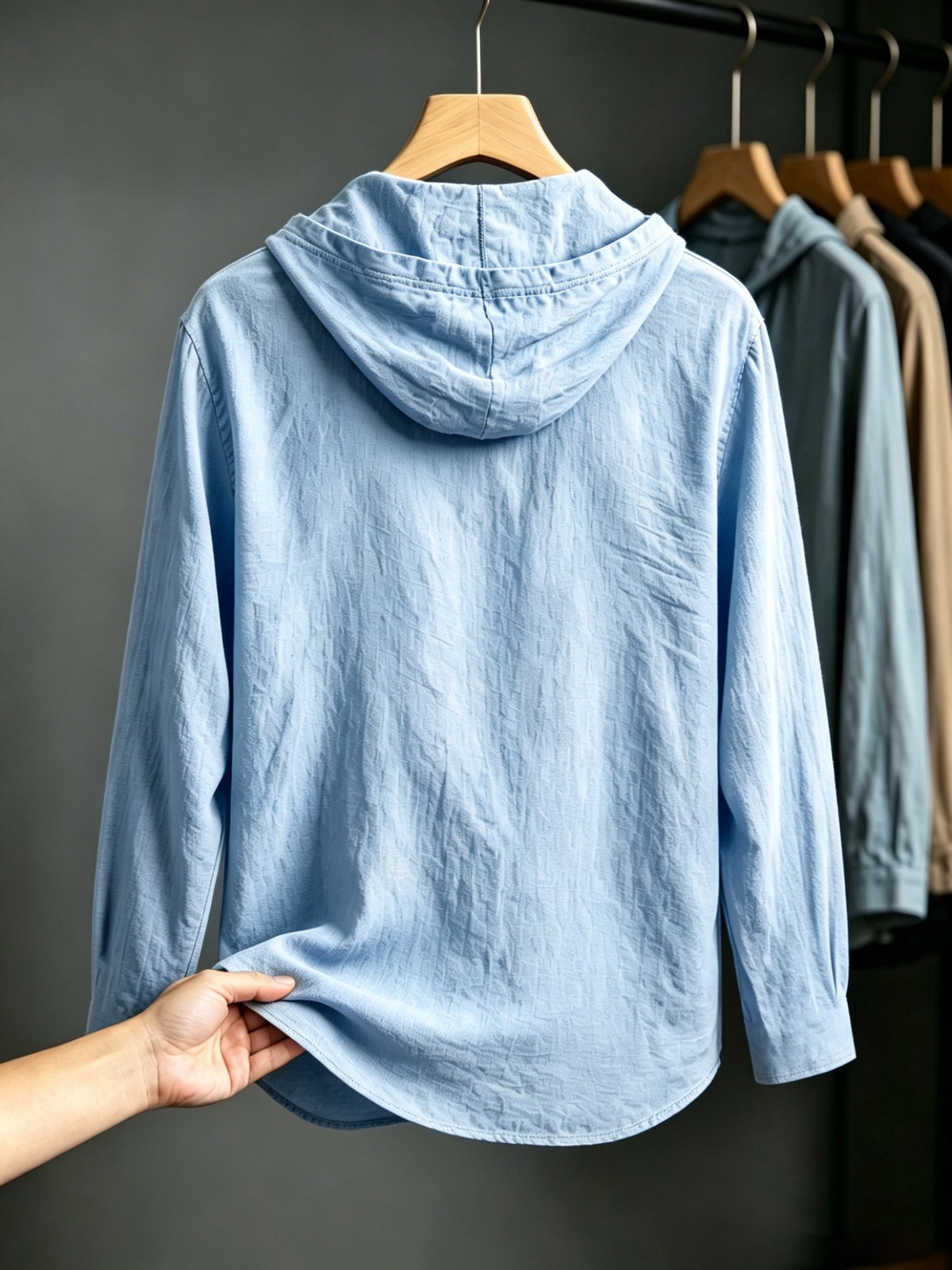 2pcs Men'S Linen-Like Hooded Henley Long Sleeve Sweatshirt Set, Breathable Thin Solid Color Half-Open Placket Casual Pullover Henley Shirt, Soft Comfortable Textured Fabric Fresh And Non-Stuffy, Loose Slimming Versatile Fit - 2pcs【Army Green+Light Blue】