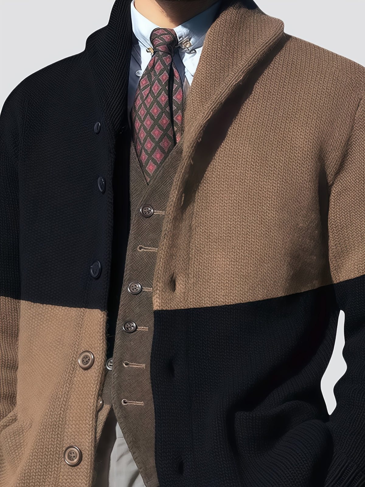 Men'S Elegant Patchwork Lapel Knit Cardigan, Unisex Color-Block Sweater Button-Up Jacket, Fashionable Casual Sweater for Men, Regular Fit for Spring And Autumn - Black