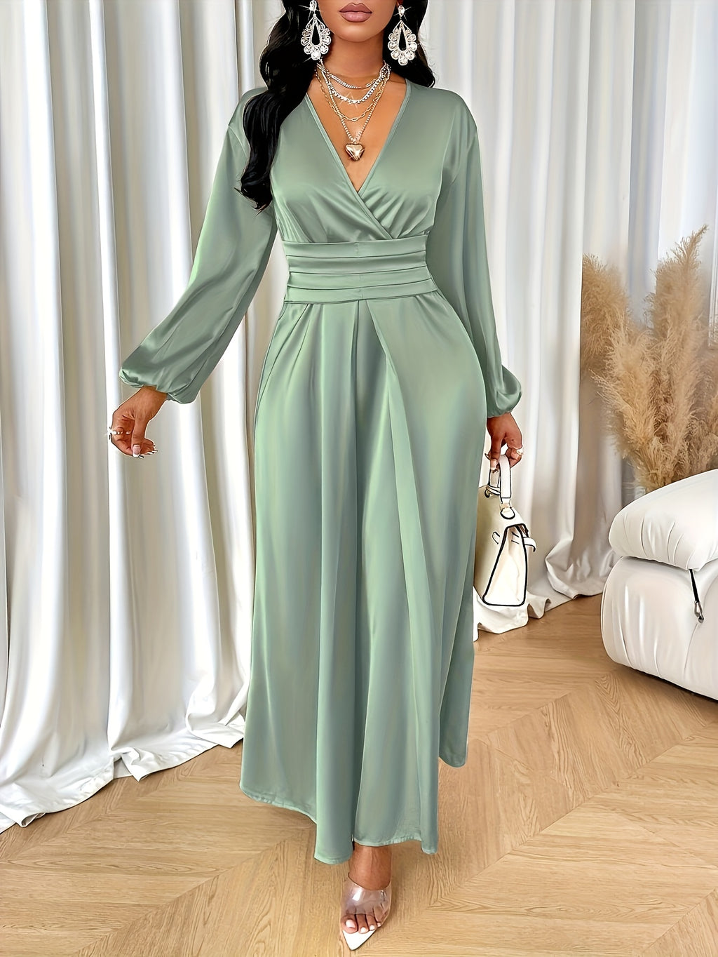 Women's Solid-color Simple Daily and Party Banquet Satin Bridesmaid Dress with Pleated Design - Green