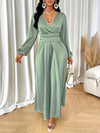 Women's Solid-color Simple Daily and Party Banquet Satin Bridesmaid Dress with Pleated Design - Green