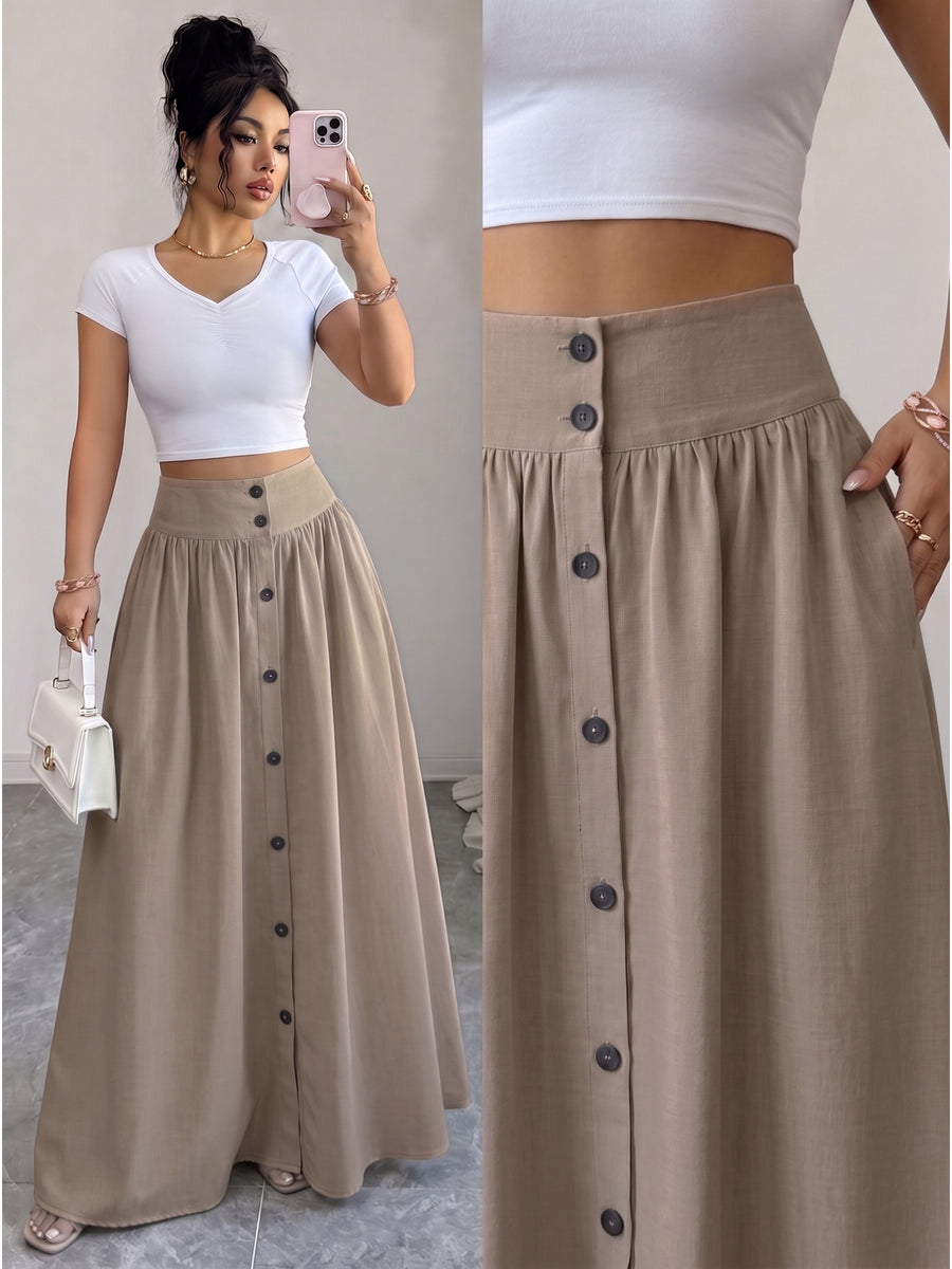 Women'S Button-Long Skirt, Fashionable Versatile Vacation Office Christmas Date Spring Autumn New - Khaki