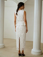 French Hollow-Out Lace Spliced Camisole Top And Straight Midi Skirt 2pcs Set, Elegant Women'S Wear for Daily Commute And Dating - White