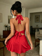 2025 Western Cross-Border Women'S V-Neck Tight Pleated Short Skirt, Sexy Backless Sleeveless Ruffled Tie Dress 1pc - Red