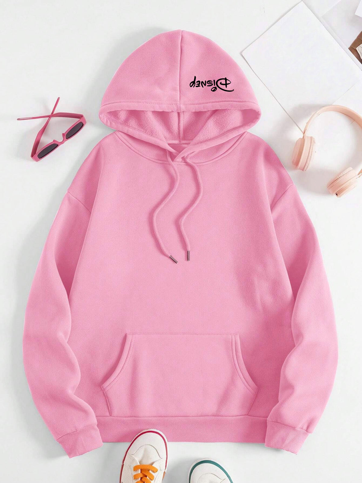 Disney Women Cute And Silly Angel Graphic Hooded Sweatshirt, Casual Fashion Jacket, Shirt Top, 2026 New Daily Versatile Autumn And Winter Women Clothing - Pink