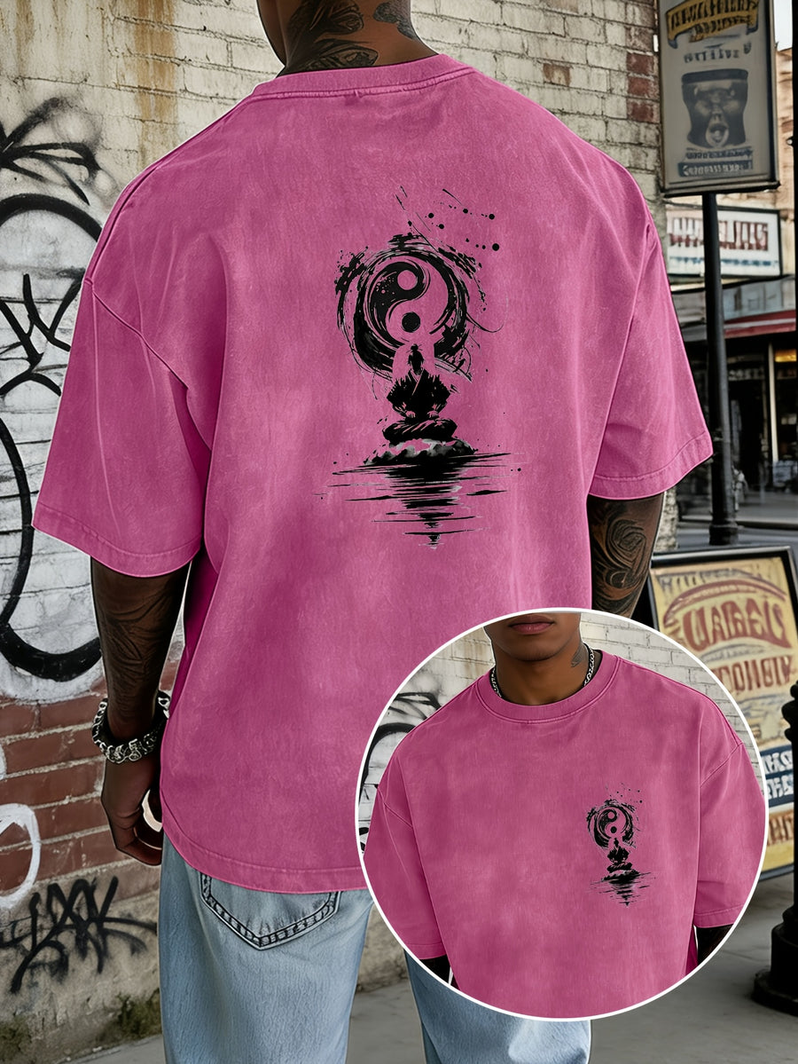 Washed and Distressed Pure Cotton Short-sleeve T-shirt with Trendy Double-sided Print Featuring Tai Chi, Zen, and Meditating Ink Wash Art. Available in 12 Colors for Mix-and-match Styling. Loose-fit Men's Top in High Street Y2K Style - Rose Red