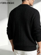 FORLENGKE Men'S Vintage Cable Knit Henley Sweater, Soft Warm Half-Button Pullover for Autumn Winter Daily Business Wear - Black