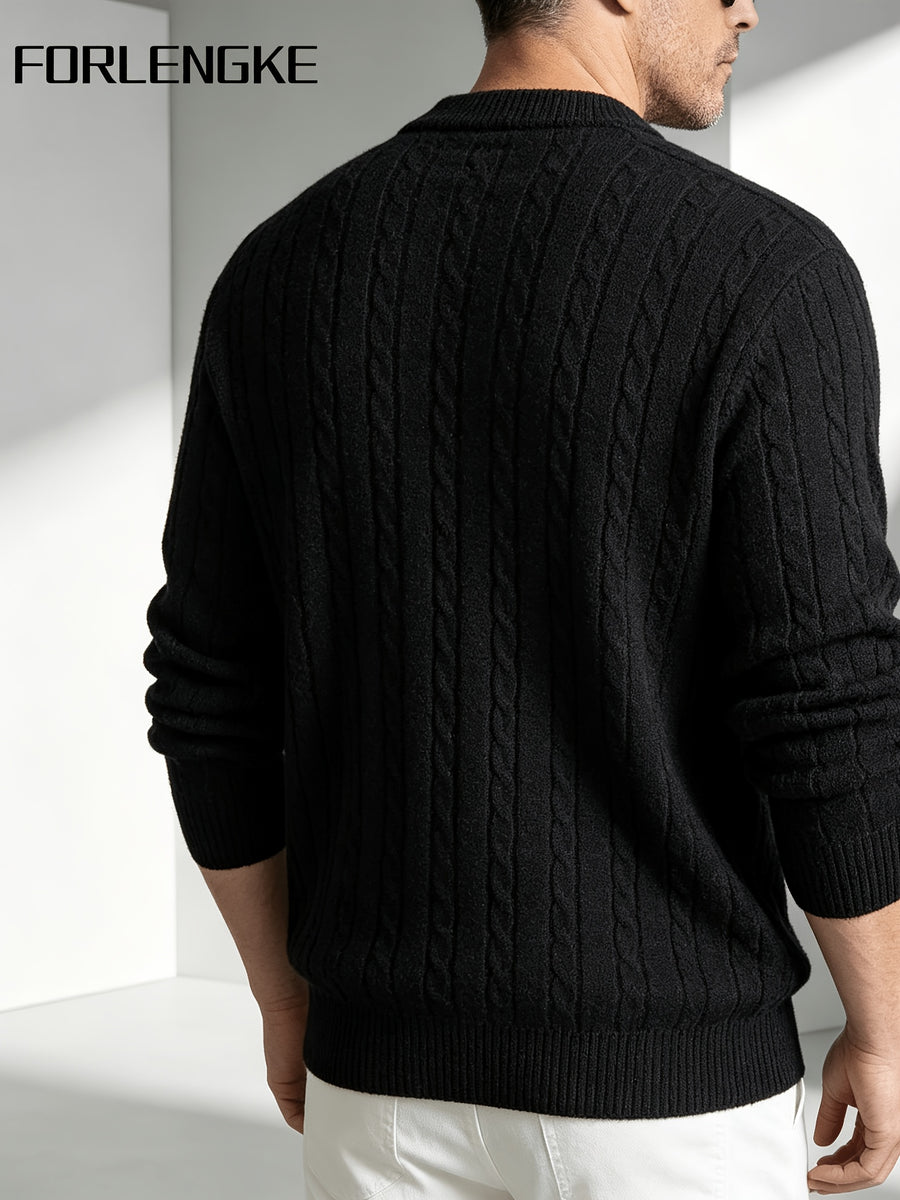 FORLENGKE Men'S Vintage Cable Knit Henley Sweater, Soft Warm Half-Button Pullover for Autumn Winter Daily Business Wear - Black