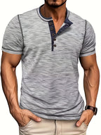Men'S Summer Henley Shirt - Casual Short Sleeve, Button-Up, Gray & White Striped, Round Neck, Lightweight Polyester Blend, Perfect for Casual Attire, Casual Summer Wear | Striped Henley Shirt | Polyester Blend Shirt - Light Grey