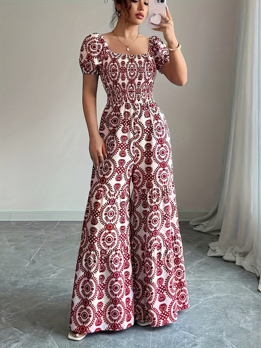 Square Neck Short Sleeve Vintage Floral Print Loose Elegant Wide-Leg Jumpsuit, Vacation Wear, Bohemian - Red