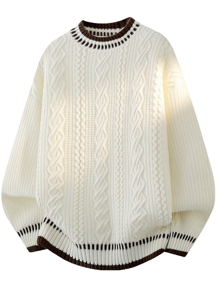 Men'S Retro Cable Knit Sweater, Contrast Ribbed 3D Jacquard Pullover for Autumn Winter, Trendy Casual Top - White