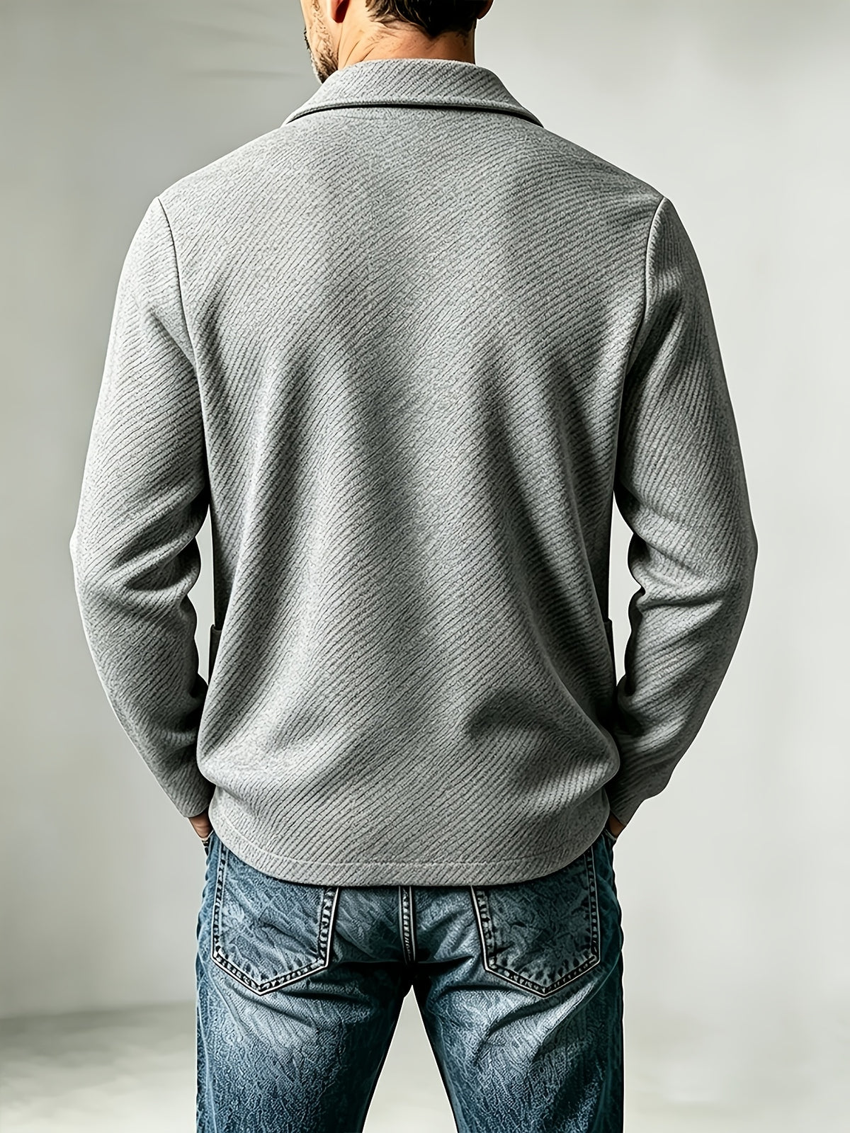 Men'S Spring Autumn New Pinstripe Textured Fabric Blazer Collar Cardigan Single Button Double Pocket Business Casual All-Match Long Sleeve Jacket, Knit Soft Comfortable Fashion Solid Color Outerwear Suitable for Daily Outings, Dates, Holidays - Grey