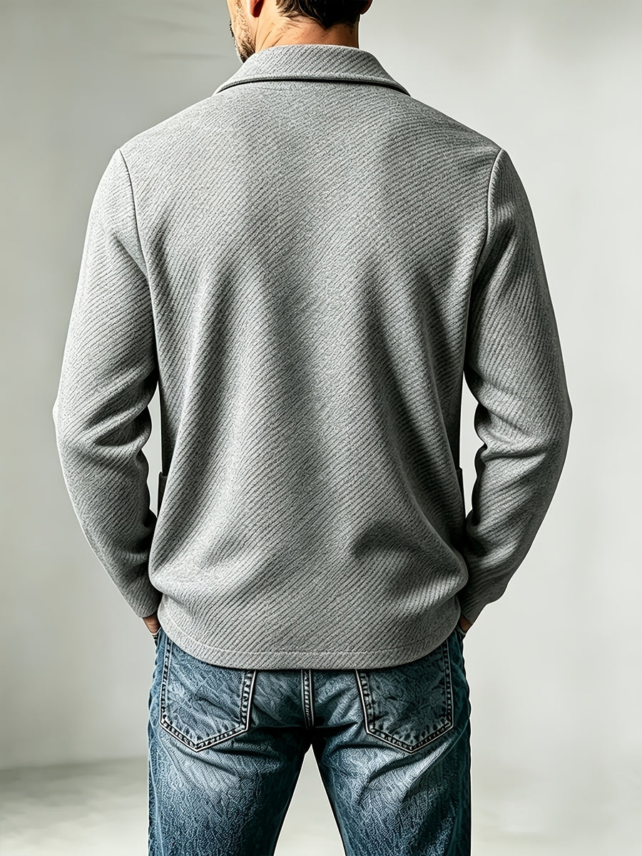 Men'S Spring Autumn New Pinstripe Textured Fabric Blazer Collar Cardigan Single Button Double Pocket Business Casual All-Match Long Sleeve Jacket, Knit Soft Comfortable Fashion Solid Color Outerwear Suitable for Daily Outings, Dates, Holidays - Grey