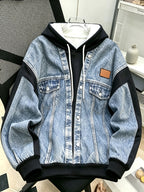 [Printed Pants - Not Faux Denim Fabric]Faux 2pcs Hoodie for Men And Women, Spring/Autumn Creative 3D Digital Print Faux Denim Jacket, Patchwork Black Hooded Drawstring Loose Off-Shoulder Long Sleeve Top, Casual All-Match Street Trendy Pullover - Mixed colors