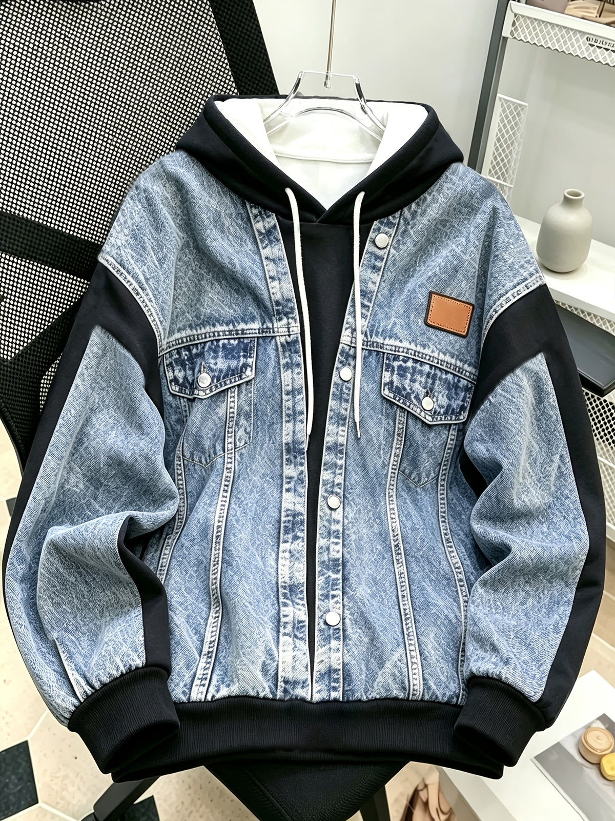 [Printed Pants - Not Faux Denim Fabric]Faux 2pcs Hoodie for Men And Women, Spring/Autumn Creative 3D Digital Print Faux Denim Jacket, Patchwork Black Hooded Drawstring Loose Off-Shoulder Long Sleeve Top, Casual All-Match Street Trendy Pullover - Mixed colors