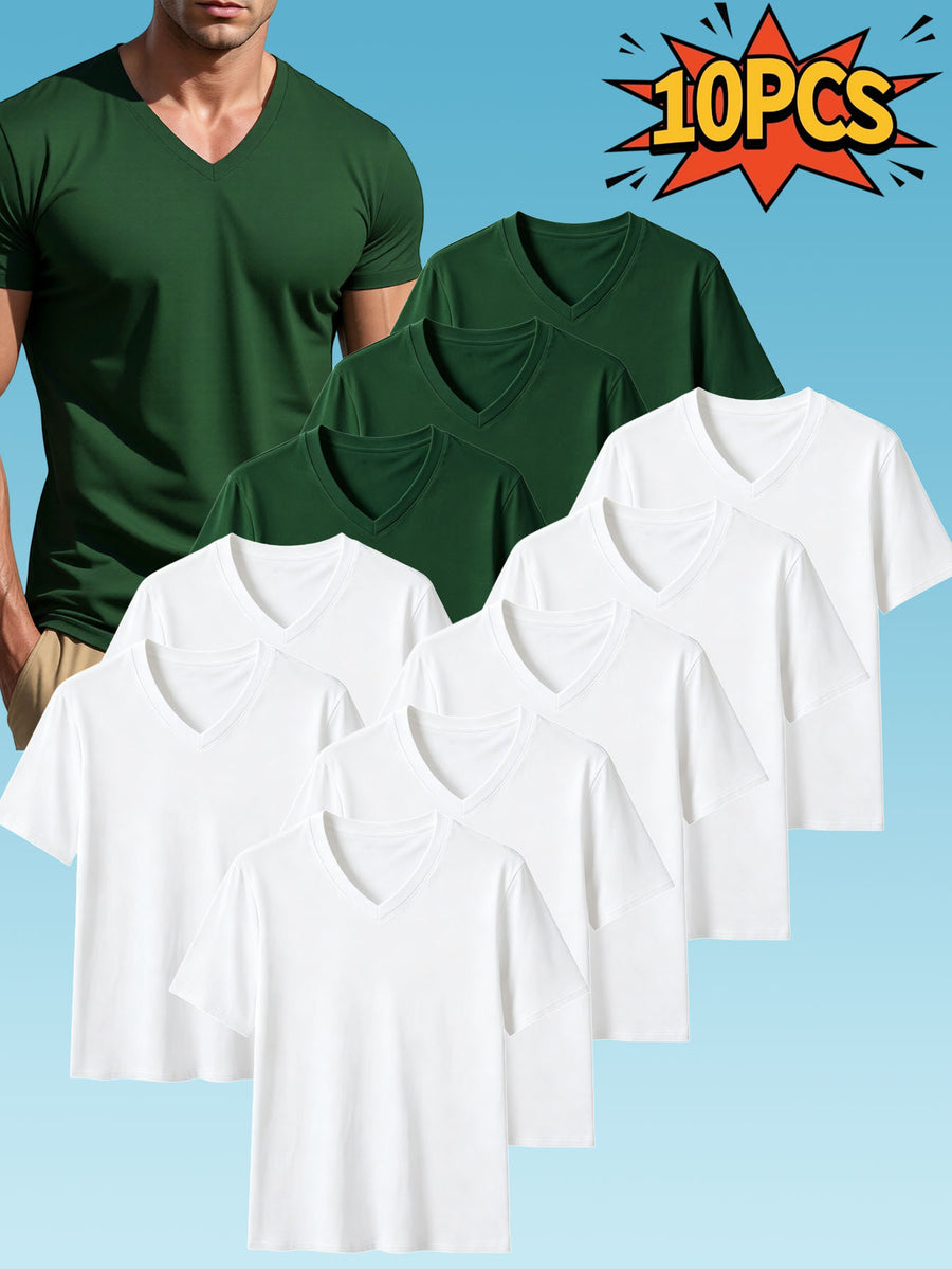 10pcs Men's Casual Knit Ribbed V-Neck T-Shirt / Soft and Comfortable Fabric / Short Sleeve / Solid Color / Crew Neck / Back-to-School Season, Casual Sporty Design Multi-pc Tops, Suitable for Summer Daily Wear - 7 white pieces + 3 dark green pieces
