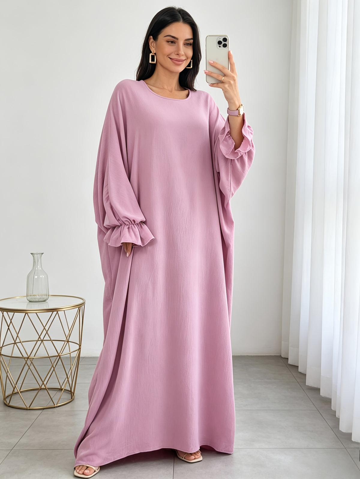 1pc Moisture-Wicking Breathable Fabric Loose Comfortable Batwing Dress Casual All-Match Abaya Suitable for Women'S Daily Wear Without Headscarf, Summer Abaya Women Abaya Women Muslim Dress Robe Summer Abaya Women - Pink Color