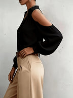 Women's Elegant Top, Summer Off-Shoulder Solid Color Blouse, for Commuting, Dating, and Daily Versatile Wear, with Lapel Collar and Buttons, Solid Color Long Sleeve Shirt ASD1 - Black