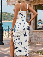 New Fashionable, Elegant, and Simple Everyday Casual Temperament Dress for Women: Floral Print Spaghetti Strap Off-Shoulder Dress with Slit Hem and Drawstring Fastening. Features a Gradient Effect, Slim-Fit Long Length, Thin Straps with Off-Shoulder - Mixed colors