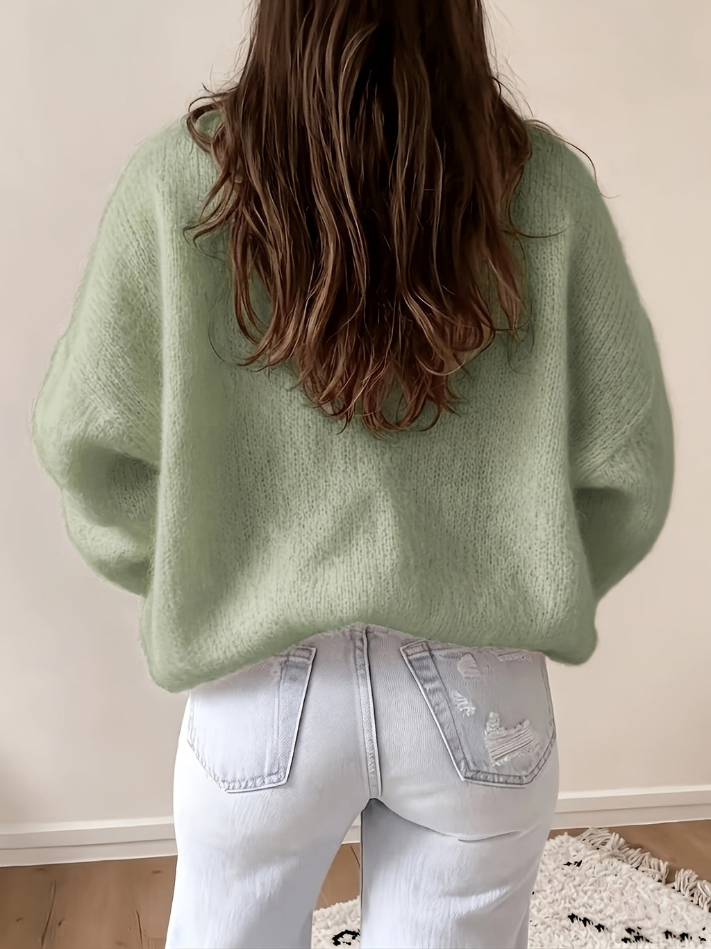 French Lazy Round Neck Sweater Early Autumn Early Winter Oversized Lantern Long Sleeve Women'S Soft Plush Skin-Friendly -Concealing Single Piece Versatile Inner Wear Outer Wear Commute Date Travel Casual Relaxed Atmosphere Pullover Top ASD1 - Green