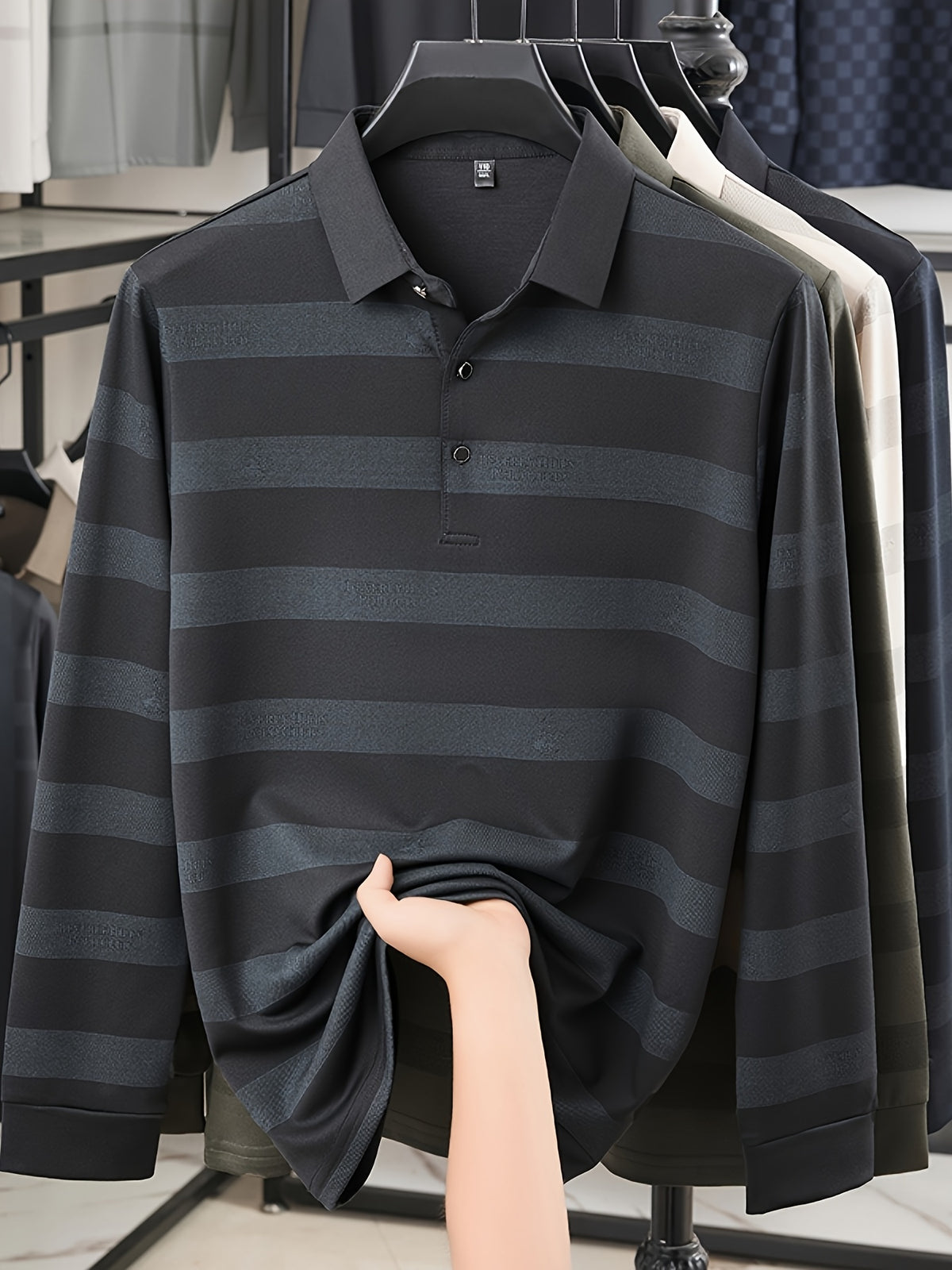 Multi-Color Striped Polo Shirt for Men, Micro-Velvet Long Sleeve Polo, Button-Up Collar 3-Button Pullover Top, Smooth Soft Skin-Friendly Fabric, Business Commute Travel Top, Fishing Home Daily Loose Casual Men'S Clothing - Charcoal Gray
