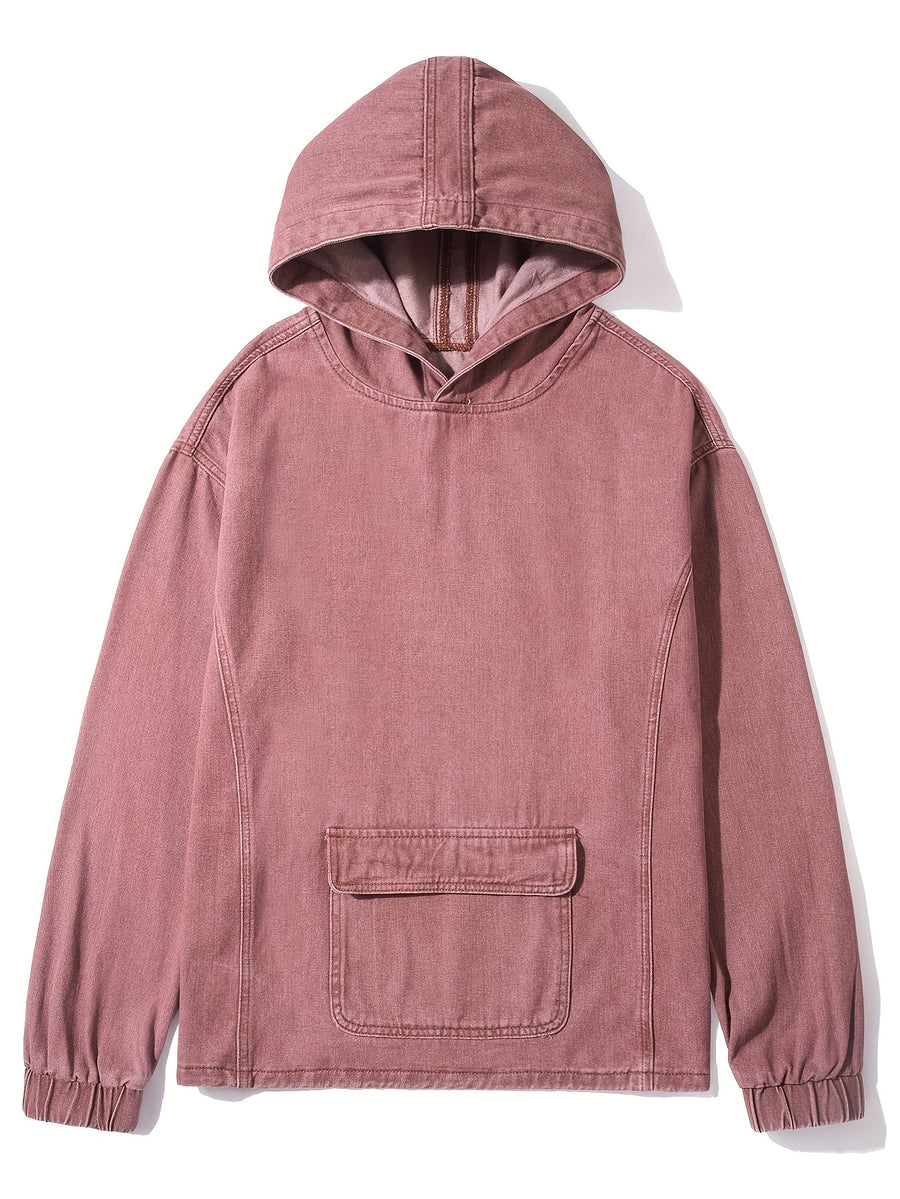 YASUYUAN Men's Light Color Denim Hooded Jacket - Loose Fit -Blend (Suitable for all-Season Wear) with Shrunk Hem & Sleeve Roll, Casual Outerwear, Machine Washable Denim Coat - Burgundy