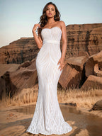 White Strapless Geometric Sequin Mermaid Evening Gown Sweetheart Neckline + Waist Belt Design Elegant Formal Ball Wedding Guest Dress White Extra-Long Strapless Waist-Cinching Sequin Dress - White