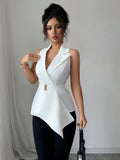 Women'S Stylish Sleeveless Blazer with an Asymmetrical Hem - White