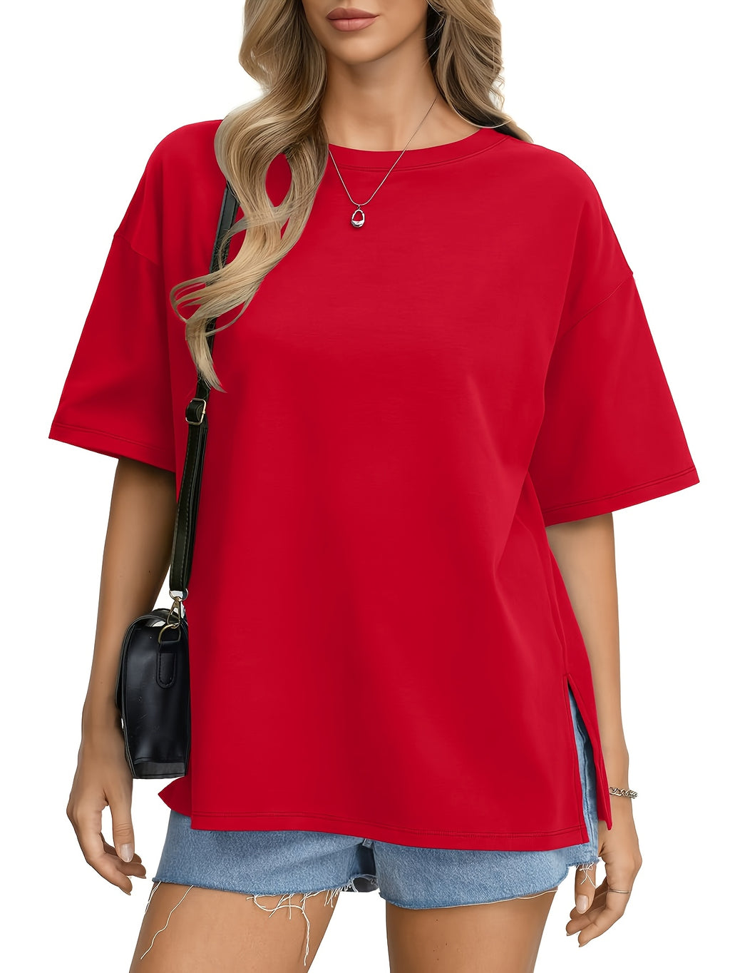 Oversized Women's Comfortable Basic Shirt with Round Neck, Casual Side Slit Top, Fashionable Loose Fit Short Sleeve T-Shirt - Deep Red