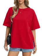 Oversized Women's Comfortable Basic Shirt with Round Neck, Casual Side Slit Top, Fashionable Loose Fit Short Sleeve T-Shirt - Deep Red