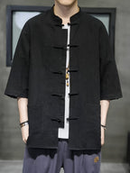 Spring Summer Men'S Top New Linen Short Sleeve Shirt Chinese Style Traditional Ancient Style, Button-Up Loose Casual Fashion Temperament High-End Men'S Comfortable Skin-Friendly Business Easy Style Fabric with Texture - Black