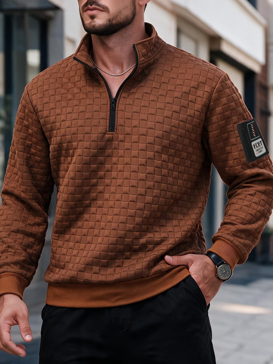 Autumn Men'S Waffle Half-Zip Stand Collar Sweatshirt, Casual Loose Textured Pullover Top Jacket, Gift for Husband Or Father - Coffee Color