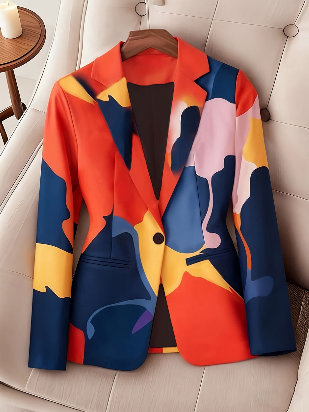Women'S New Irregular Color Block Patchwork Printed Jacket, Single Button Closure with Lining And Pockets, Fashionable Elegant Commute Outerwear, Casual Gatherings, Street Style, Daily Wear Blazer, Suitable for Spring And Autumn - Mixed colors