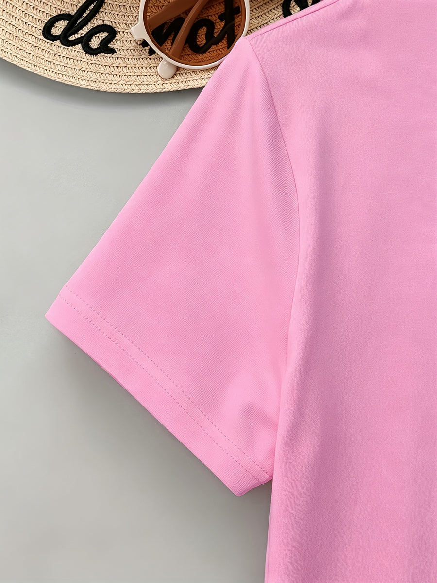 Summer Western Architectural Print Round Neck Regular T-Shirt, Casual Regular Printed Top - Pink