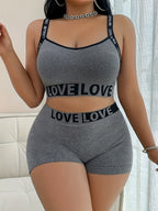 1 Set Plus Size Smooth Women'S English LOVE Panty And Bra Set Seamless Casual Mid-Waist Tummy Control Safety Shorts Four-Corner Pants Underwear Sexy Solid Soft Comfortable Butt Lifting Anti-Exposure Suitable for Daily Casual Leggings Breathable - Grey