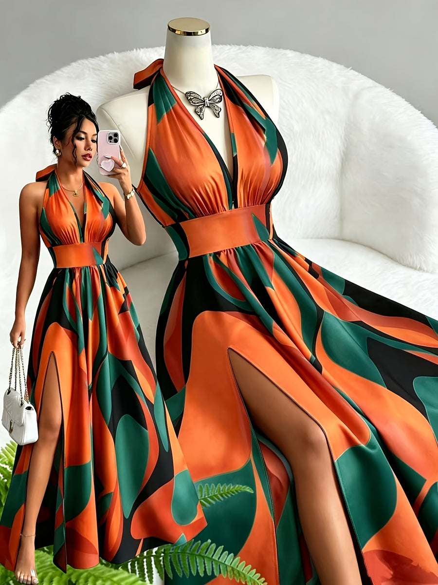 New French-Style Casual Elegant Sexy High-End Design V-Neck Backless Spaghetti Strap Waist-Revealing A-Line Slit Sleeveless Long Dress, Red and Green Floral Print, High-Quality Exquisite Women's Clothing - Tactical Green