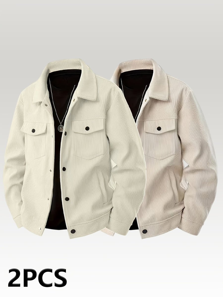 [Pearson OBM] Autumn Hot Style Retro Style Lapel Men'S Solid Color Easy Comfortable Warm Corduroy Cargo Jacket, Encountering Pre-Modern Cross-Border Fashion Jacket 2pcs Set - Milk White+Khaki