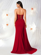 Tube Top with Small V-Neck, Mesh Panel, Sheer Long Ribbon, Slit, and Back Tie for Prom, Party, Formal Dress, Graduation Ball, Birthday Party, Evening Date, Back-to- Party, Wedding Guest, and Formal Dinner - Red