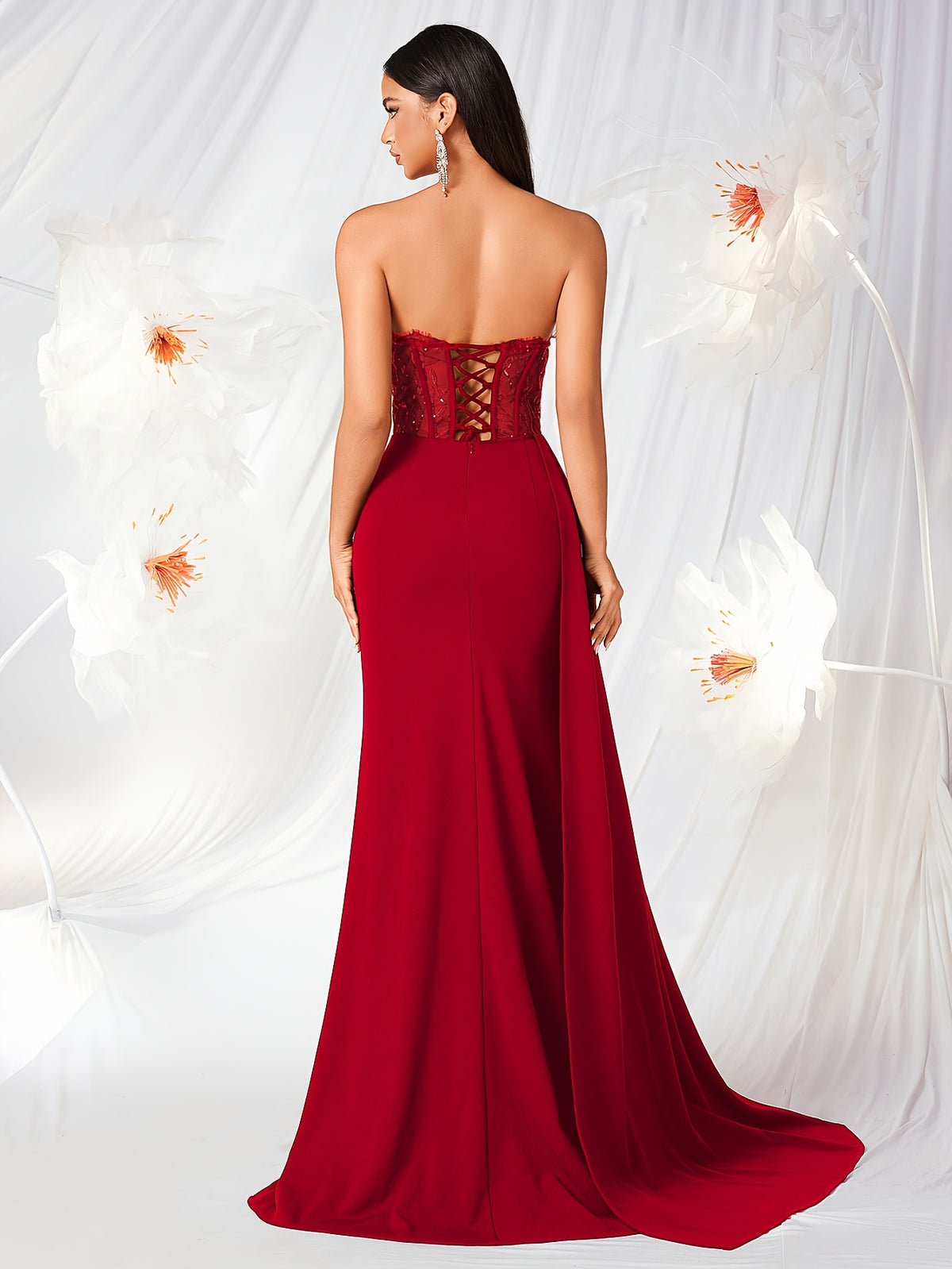 Tube Top with Small V-Neck, Mesh Panel, Sheer Long Ribbon, Slit, and Back Tie for Prom, Party, Formal Dress, Graduation Ball, Birthday Party, Evening Date, Back-to- Party, Wedding Guest, and Formal Dinner - Red