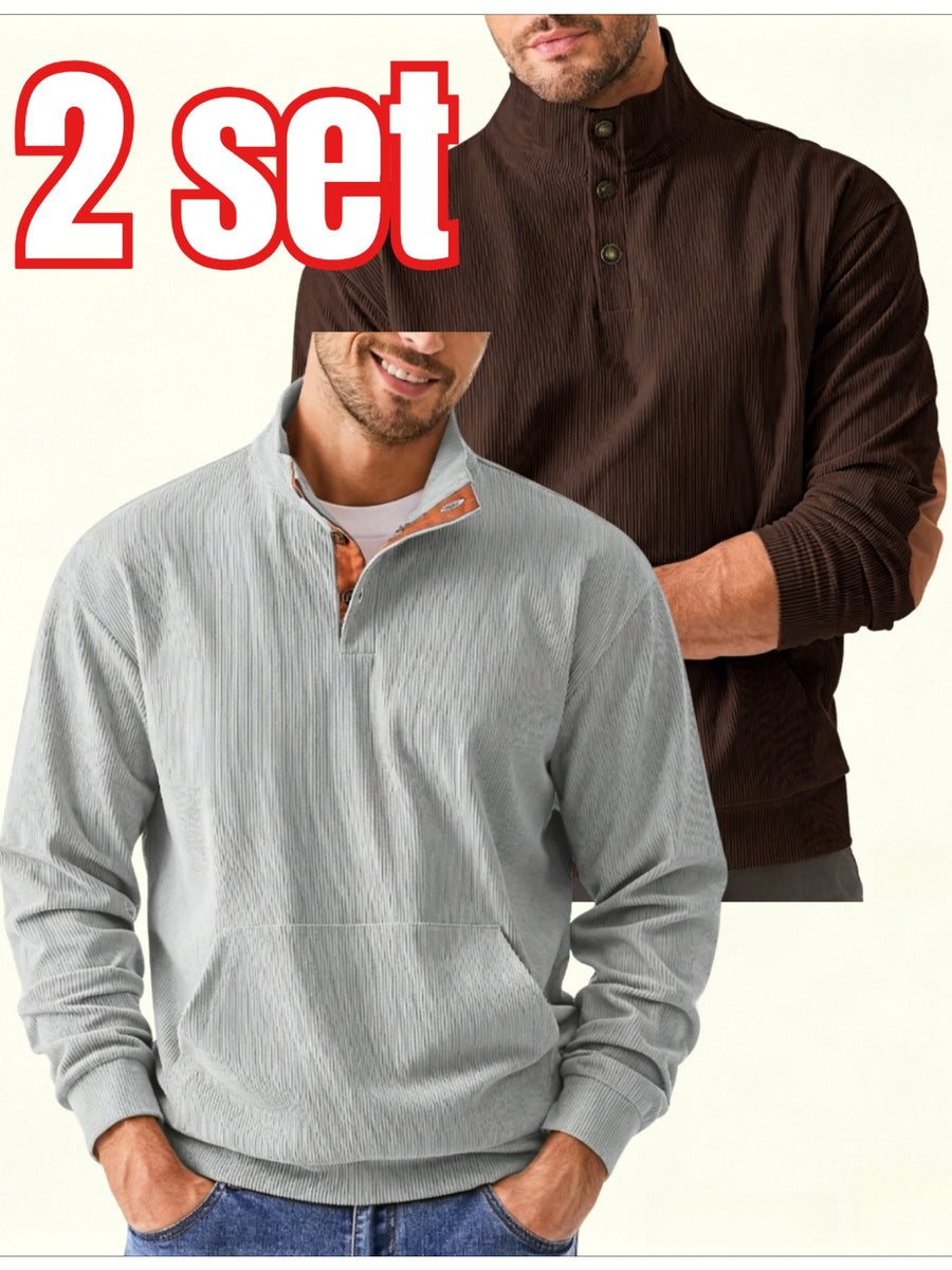 2pcs Men'S Corduroy Half-Button Stand Collar Long Sleeve Pullover Sweater, Contrast Color Button-Front Half-Open, Elbow Contrast Patchwork Decoration, Front Kangaroo Pocket, Ribbed Cuffs And Hem Retro Fashion Sweatshirt - zong+hui