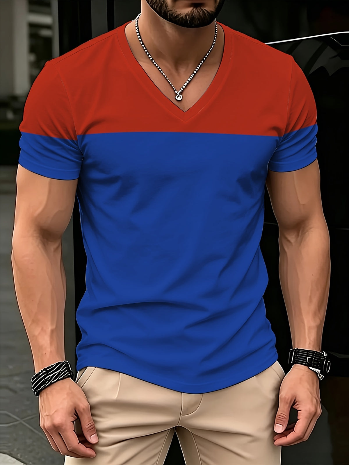 [Printed Design-Non-Textured] Men'S Summer Fashion V-Neck Short Sleeve T-Shirt, Printed Casual Slim Fit Quick-Dry Half-Sleeve Top, Breathable, Multifunctional, Machine Washable, Suitable for Daily Casual And Sports Wear - Mixed Color 1