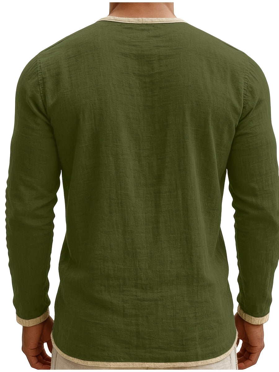 Men'S Retro Color Block Casual Henley Crewneck T-Shirt in Linen, Vintage T-Shirt for Men - Olive Green