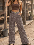 Women'S American Vintage Paisley Print Metal Buckle Zipper Pocket Wide Leg Pants, High Waist Drape Western Bohemian Style Pocket Straight Casual Long Trousers - Polychrome